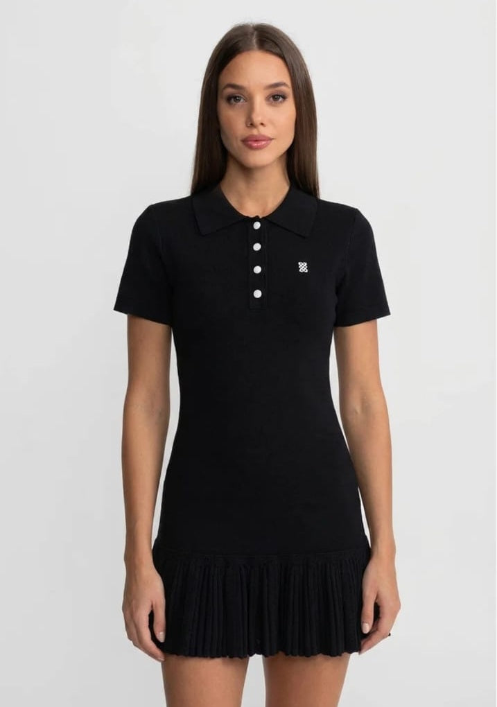 Short Sleeve Polo Mini Dress With Pleated Ruffle Hem - Black