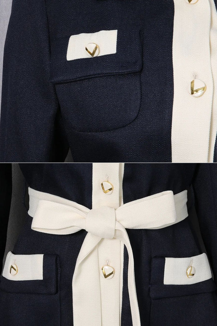 Two-Tone Tweed Jacket With Contrast Trim and Waist Belt – Navy