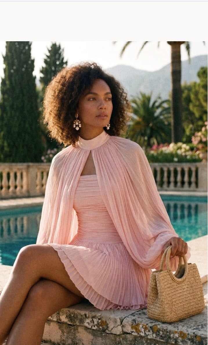Balloon Sleeve High Neck Mini Dress with Pleated Skirt - Pink