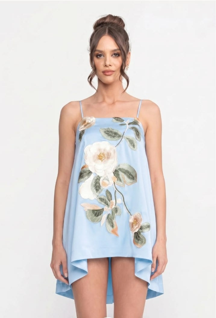 Thin Strap Mini Dress with 3D Floral Appliqué and A-Line Skirt - Blue