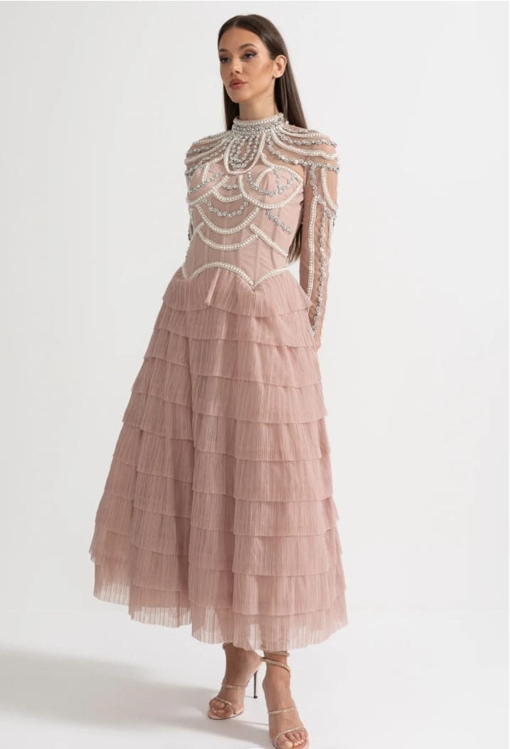 Elegant Long Sleeved Dress With Layered Ruffled Skirt And Intricate Sparkling Embellishments - Pink