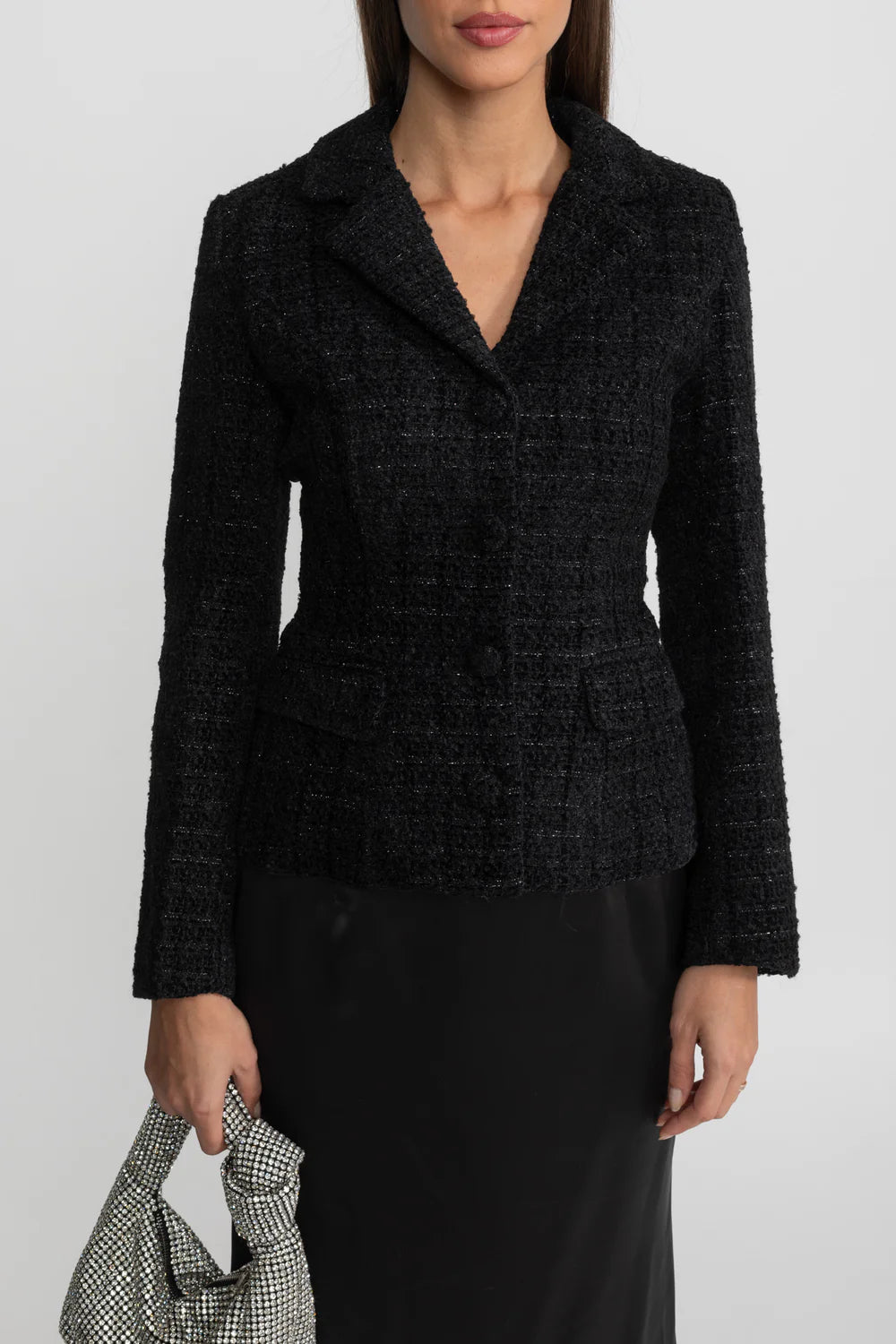 Tweed Blazer and Satin Maxi Skirt Co-Ord Set – Black