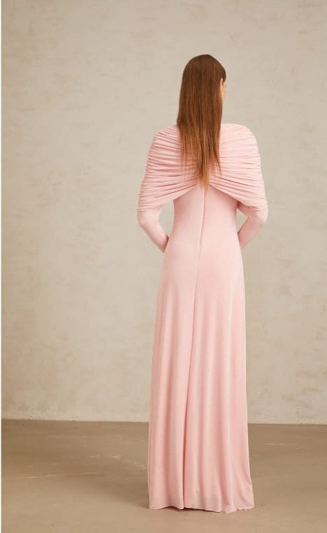 Moderne Pink Shawl Panel Ruched Maxi Dress