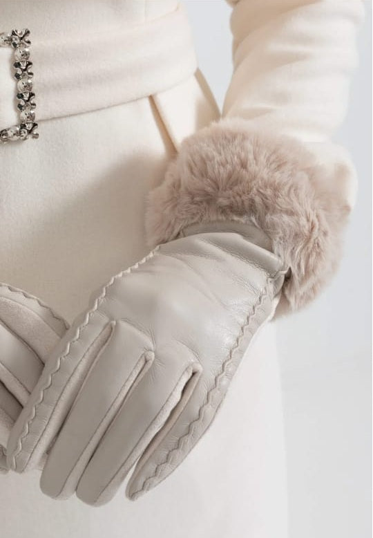 Vegan Leather Gloves With Fur Cuffs - Beige