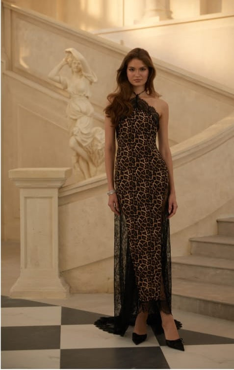 Alizée Brown Lace Panel Leopard Print Maxi Dress