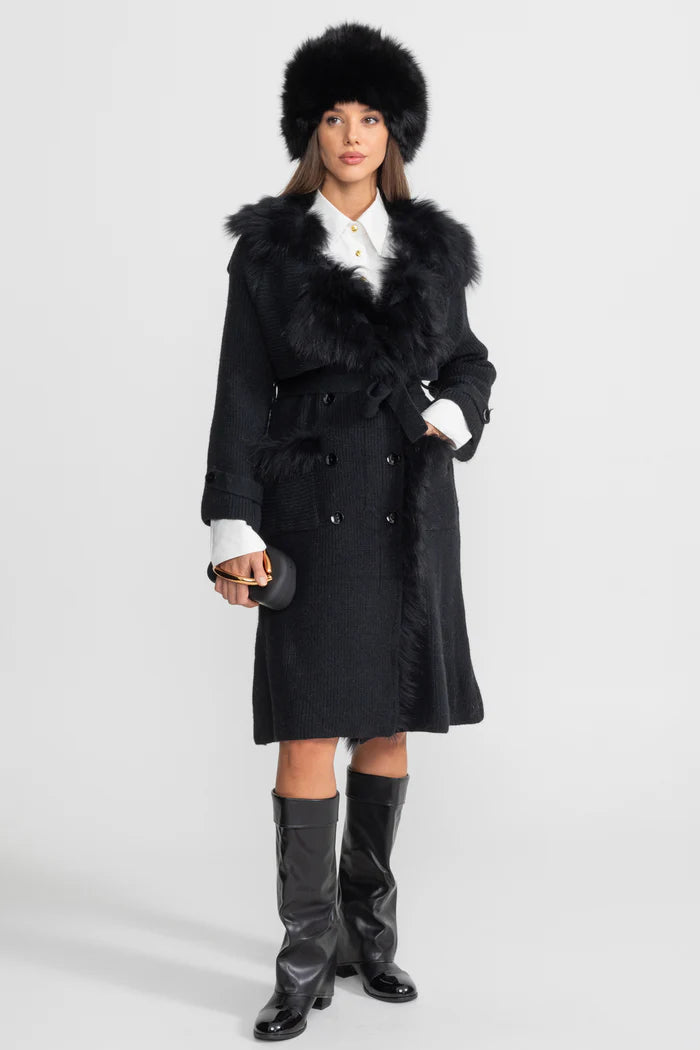 Double-Breasted Wool Knit Overcoat With Fur Trim – Black