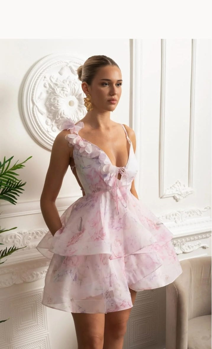 Mini Dress With Floral Appliqué And Tiered Ruffle Skirt - Pink
