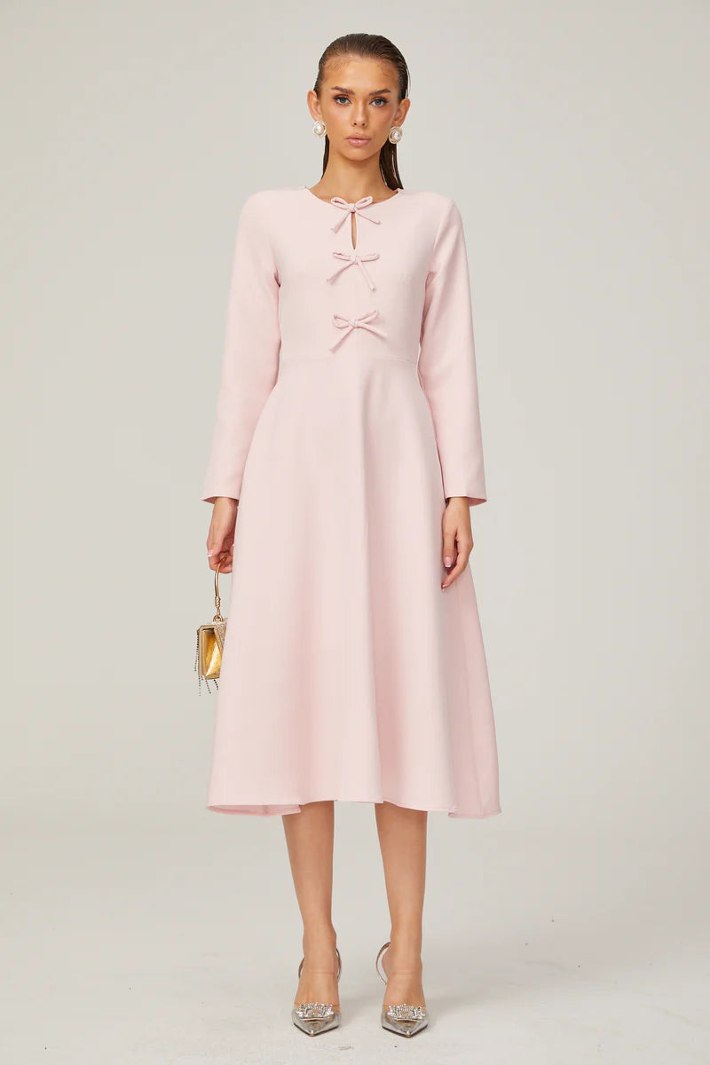 Elise pink bow-detail split-neck midi dress