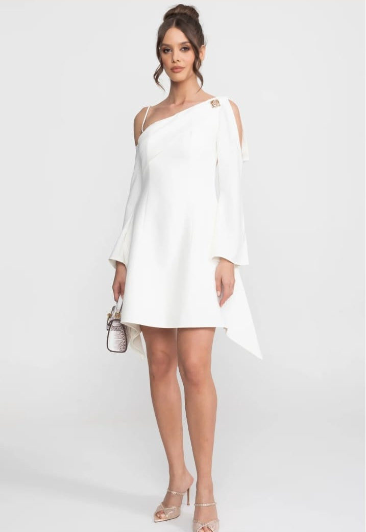 Asymmetric Cold-Shoulder Mini Dress With Long Sleeves And Gold Brooch - White