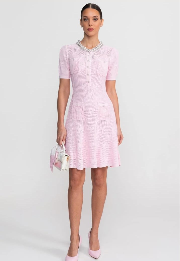Textured Short Sleeve Mini Dress With Pearl Trim Neckline And Crystal Buttons - Pink