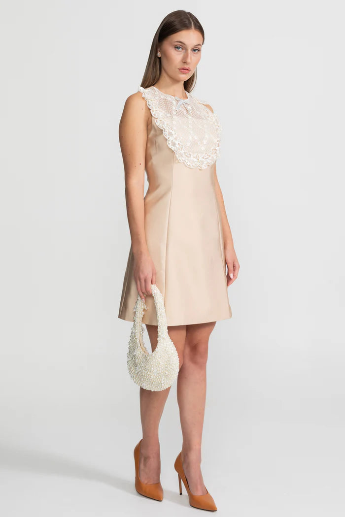 Lace Bib Detail Mini Dress – Nude
