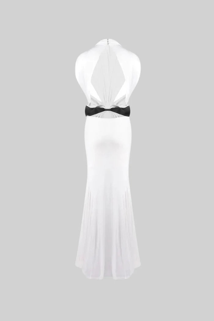 Open Back Draped Gown With Contrasting Bow Detail – White