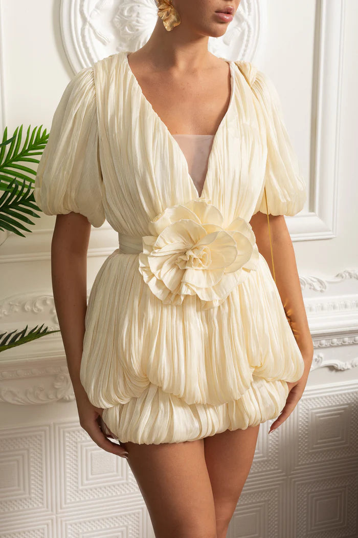 Pleated Puff-Sleeve Floral Appliqué Mini Dress - Ivoire