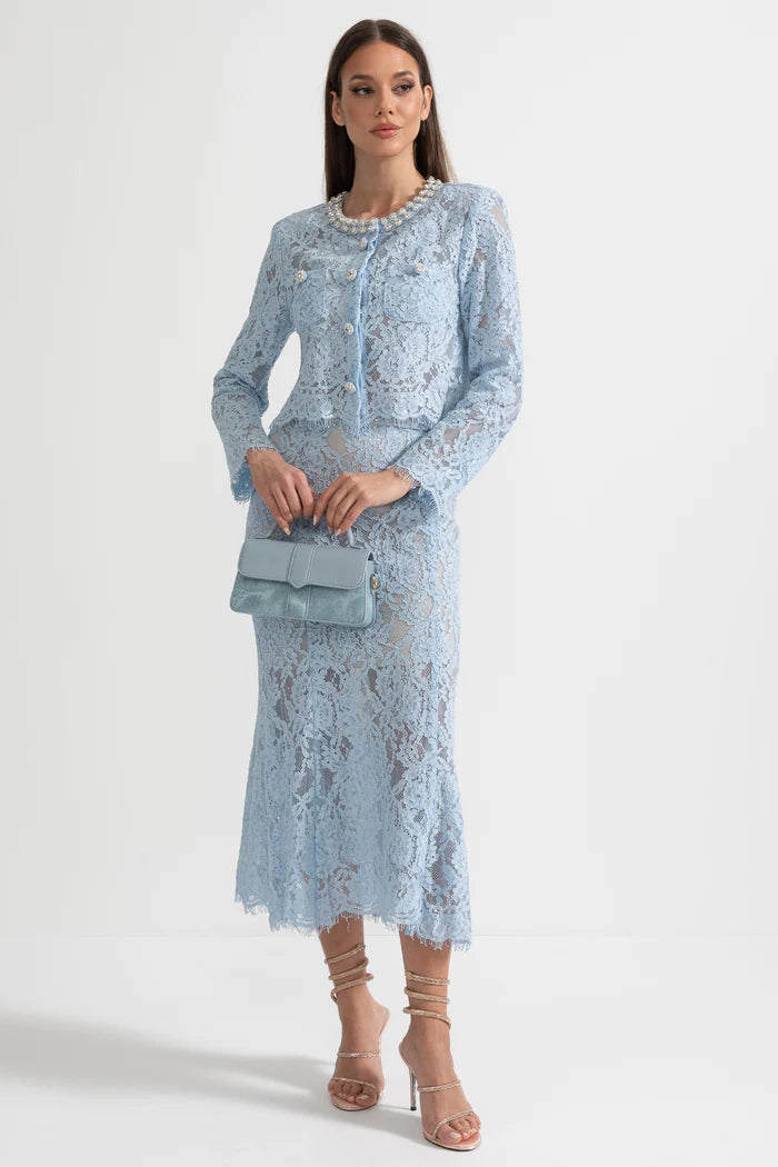 Lace Co-Ord With Sparkling Neckline Embellishments And Midi Skirt - Blue