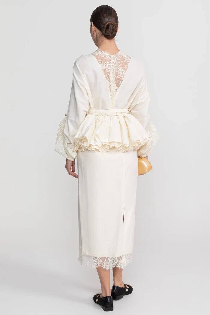 Belted Peplum Co-Ord Set With Lace Insert Detailing - Ivoire