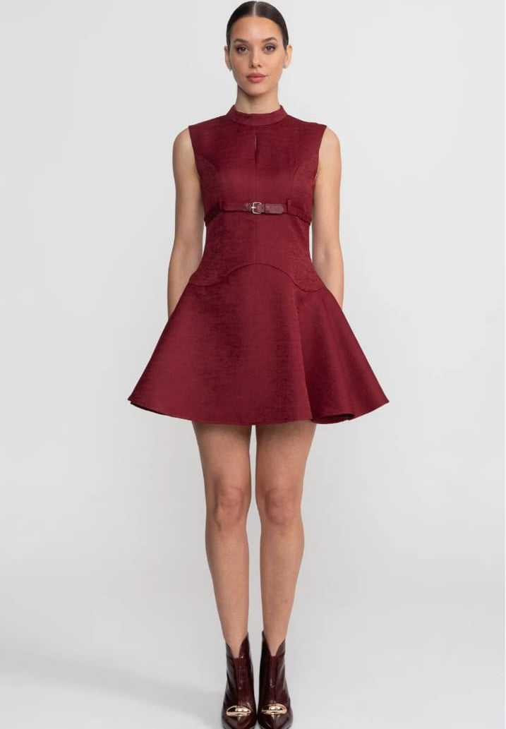 Sleeveless Mini Dress With High Neckline And Buckled Belted Waist - Burgundy