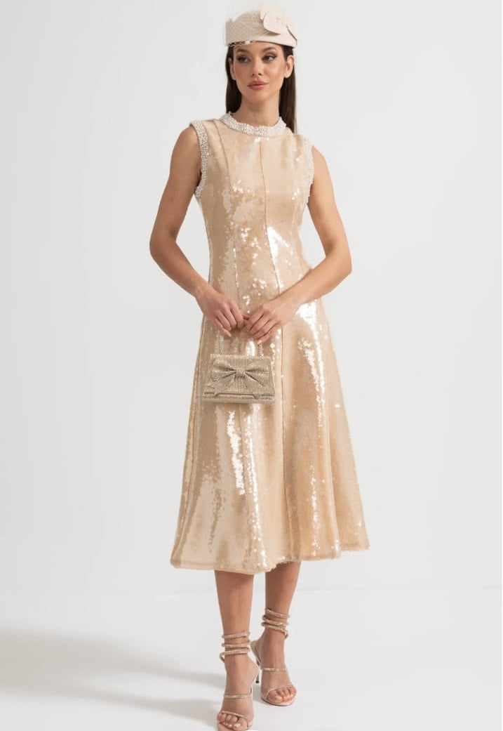Elegant Sequin Dress With White Pearl Embellishments - Beige
