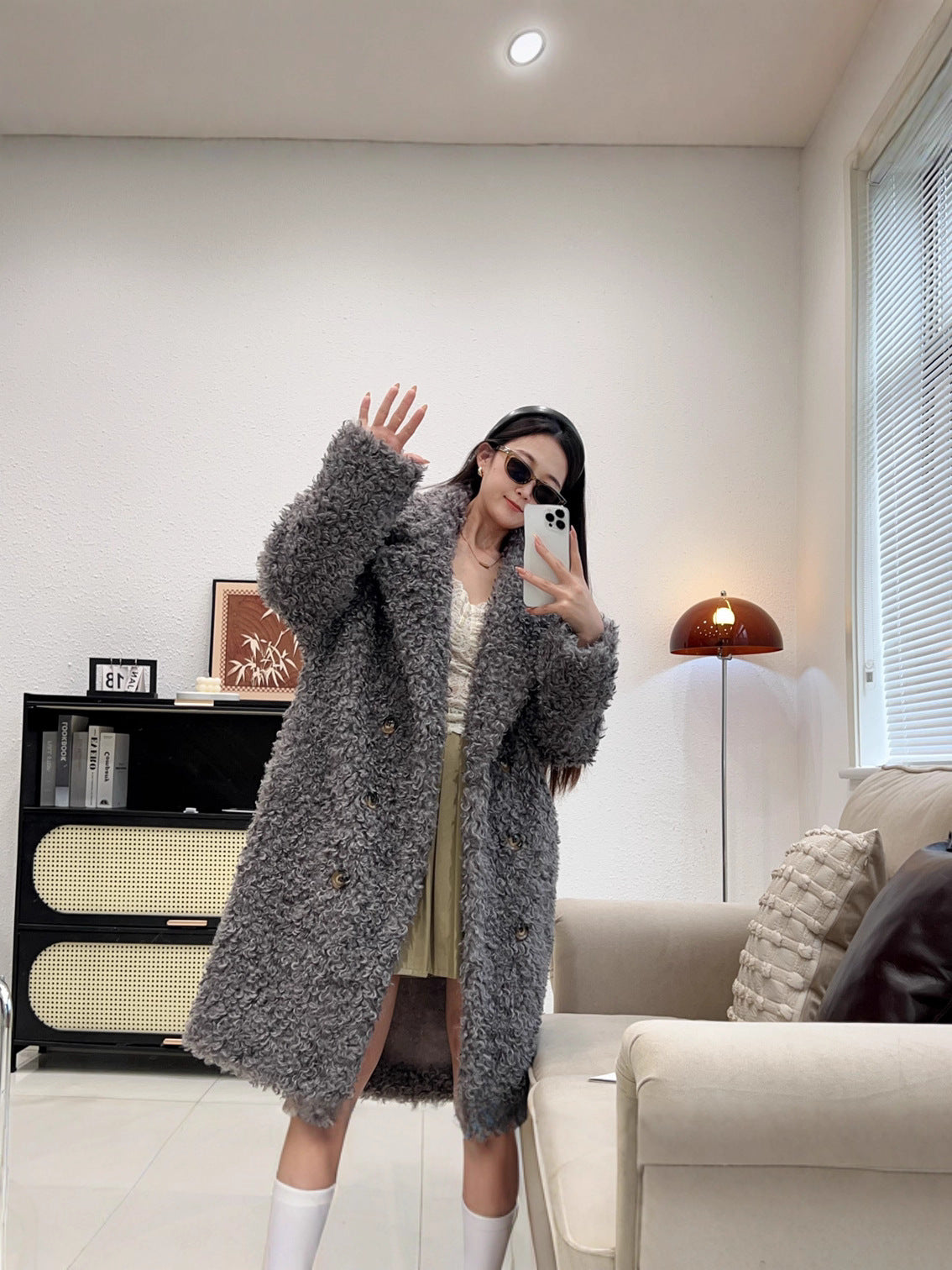 Lambswool fur long coat