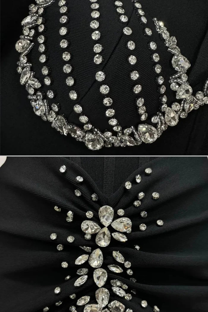 Crystal Embellished Corset Gown With Structured Bustier Bodice – Black