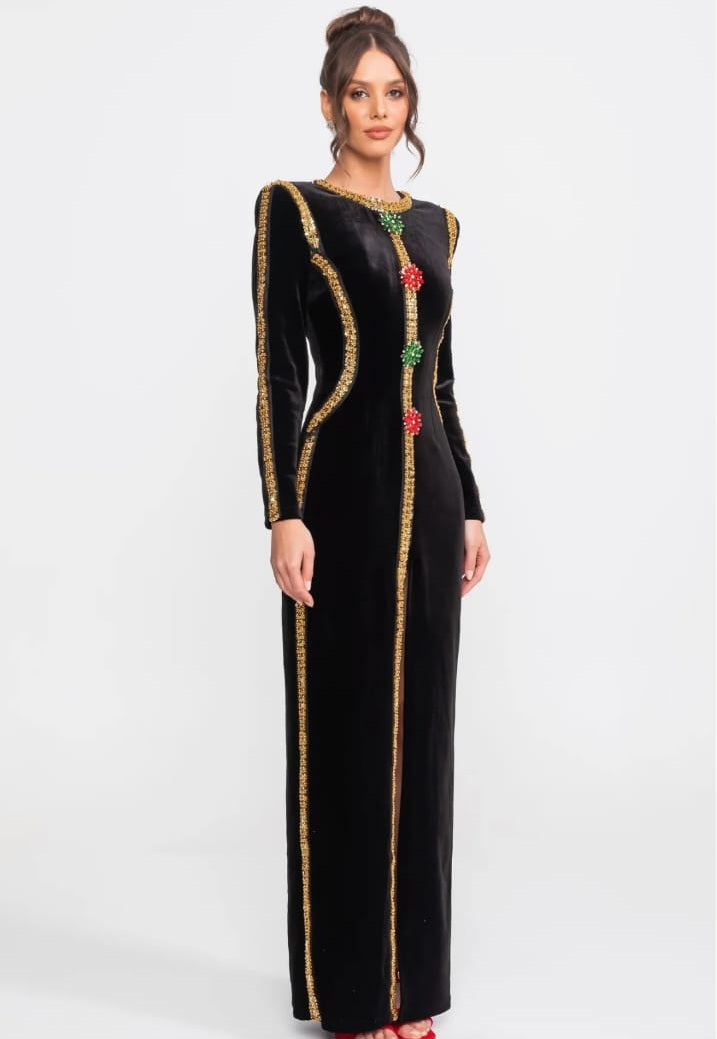 Velvet Maxi Dress With Gold Sequin Trim And Crystal Brooch Detail - Black
