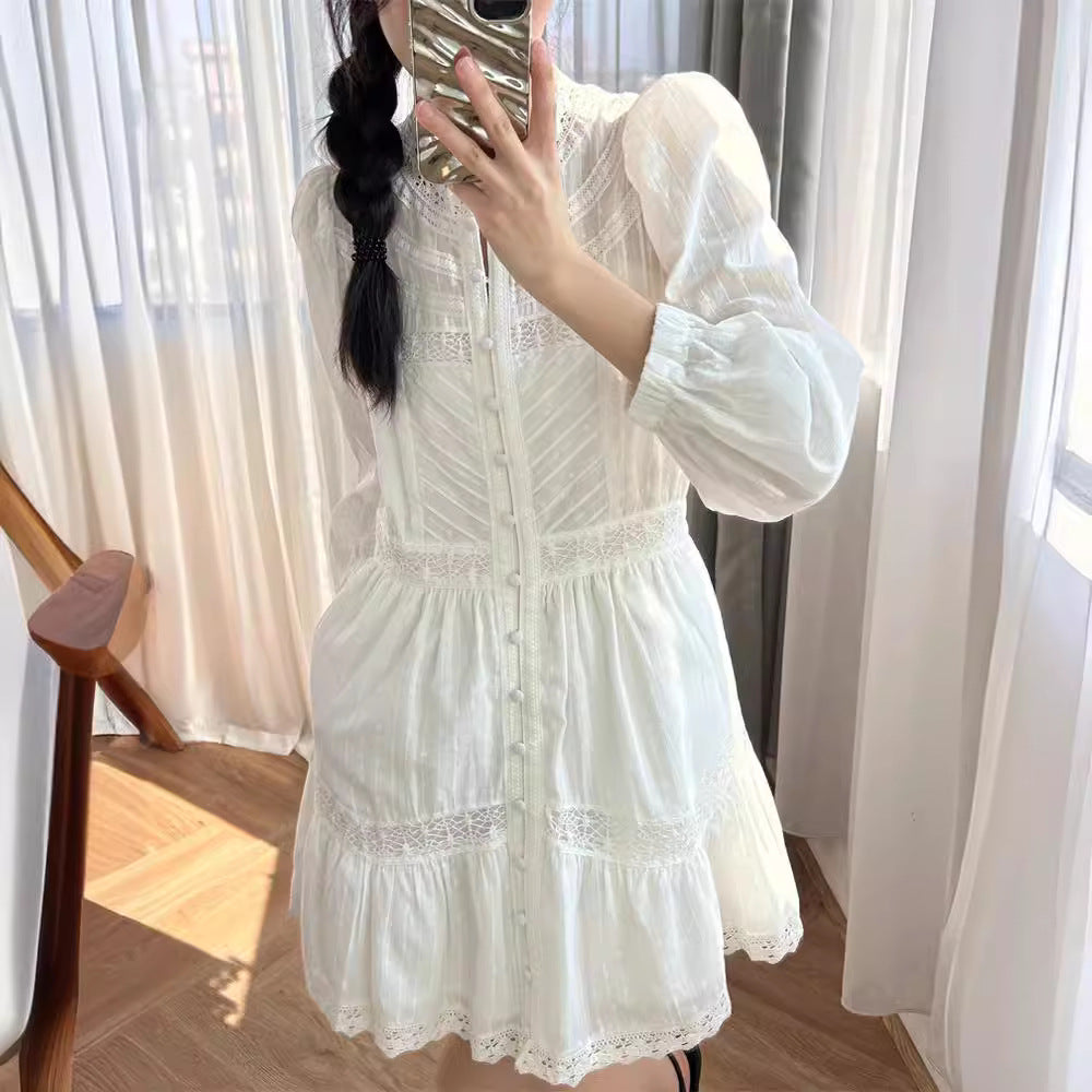 Long sleeve cotton white midi dress women