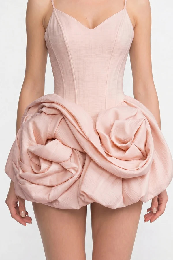 Spaghetti-Strap Velvet Mini Dress With 3D Rose Skirt - Pink