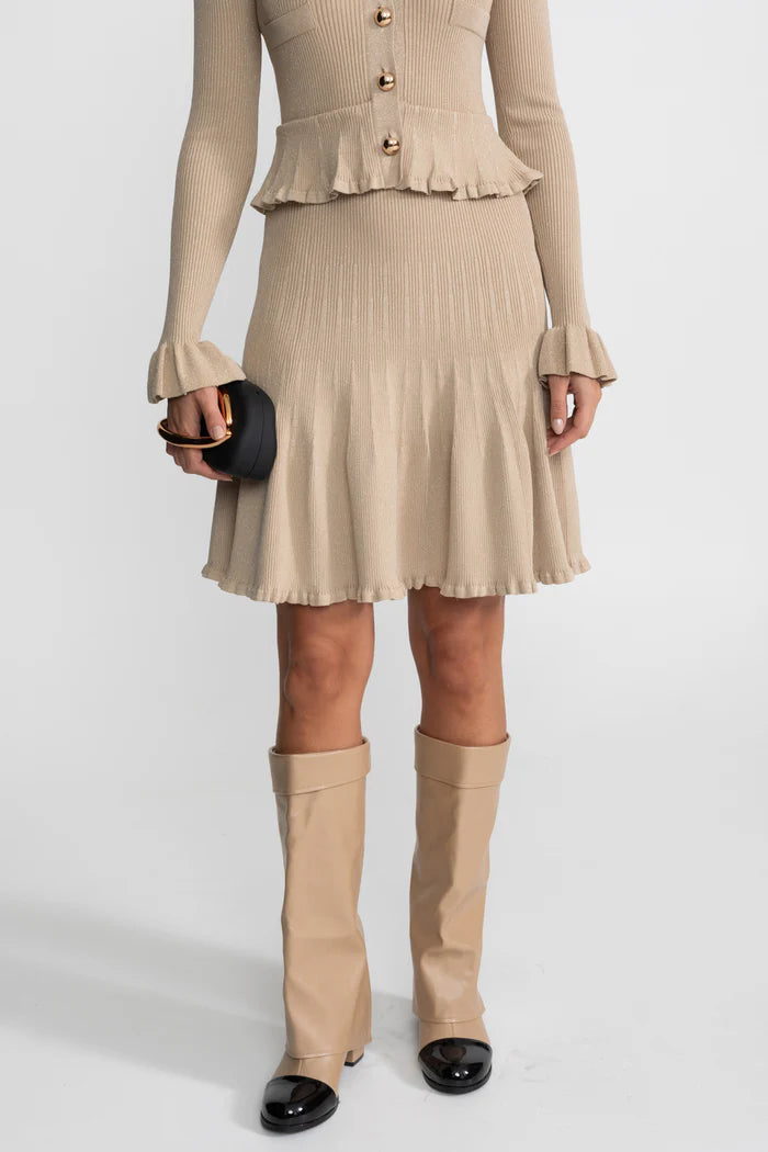 Ribbed Knit Dress With Peplum Waist And Flared Hem – Beige