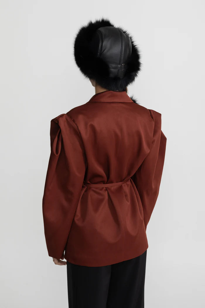 Structured Satin Blazer With Tie Belt - Chestnut Brown