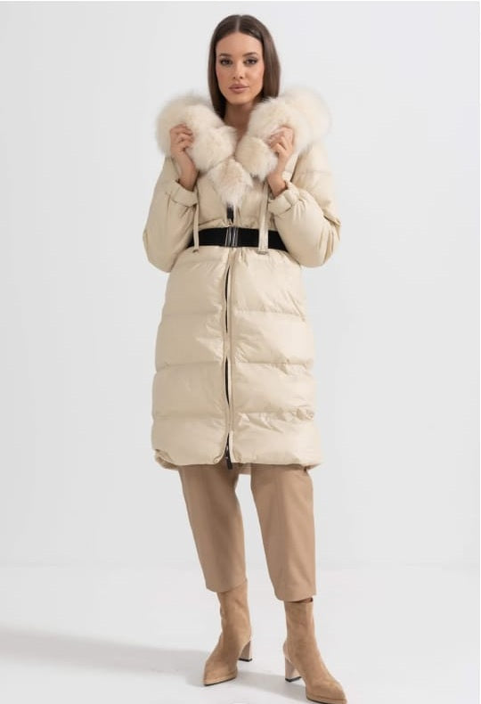 Long Puffer Jacket With White Fox Fur-Lined Hood -Beige
