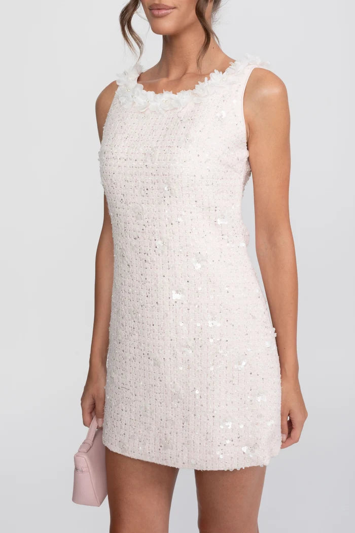 Ribbed Knit Mini Dress With Floral collar - Light Pink