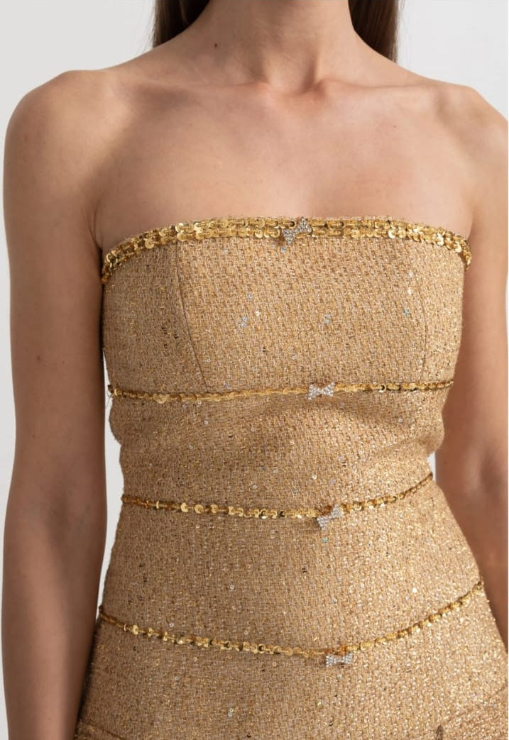 Strapless Textured Dress With Sequin Decorative Trim And Sparkling Ribbon Appliques - Gold