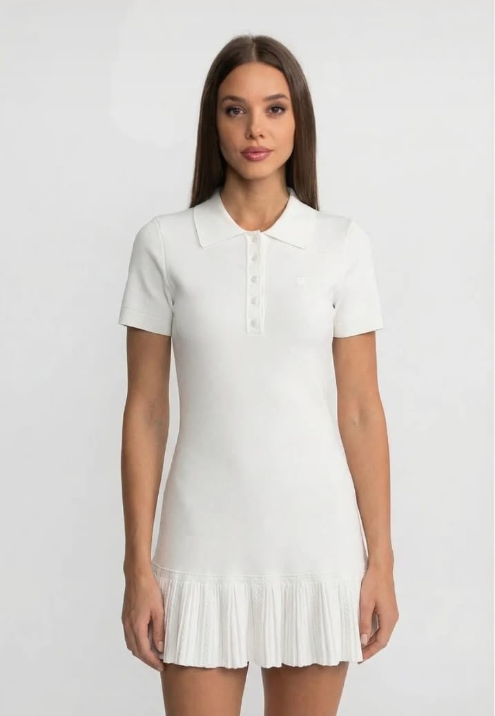 Short Sleeve Polo Mini Dress With Pleated Ruffle Hem - White
