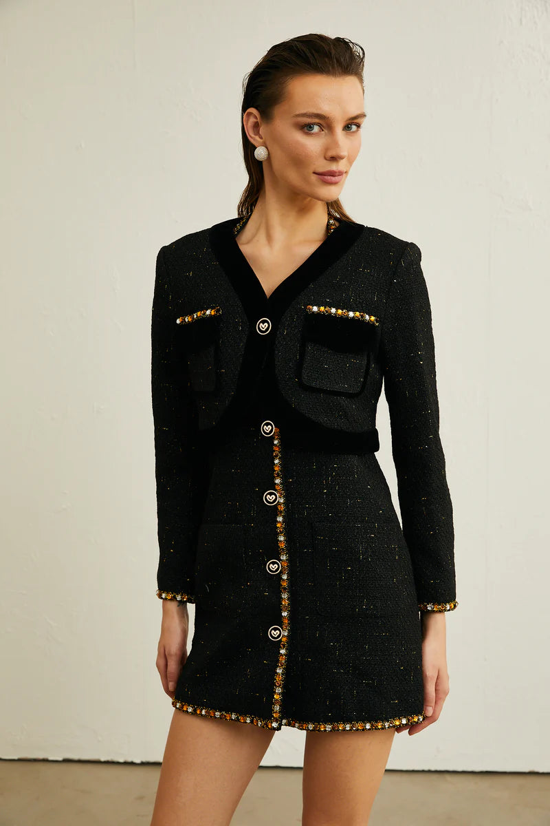 Cécile Black Tweed Cardigan & Dress Matching Set
