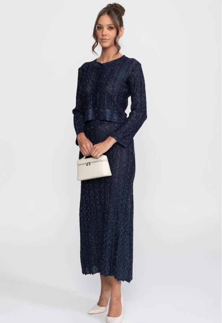 Long-Sleeve Diamond-Pattern Lace Co-Ord Set With Maxi Skirt - Navy