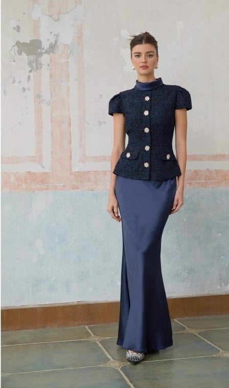 Josette blue peplum-waist panelled maxi dress