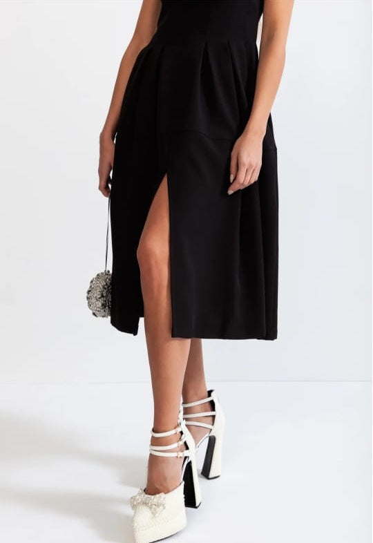 Flower Detail Mid-Calf Dress - Black