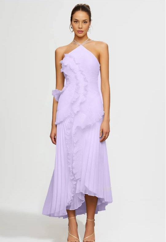 Pleated Halter Midi Dress With Cascading Ruffle Details - Lavender