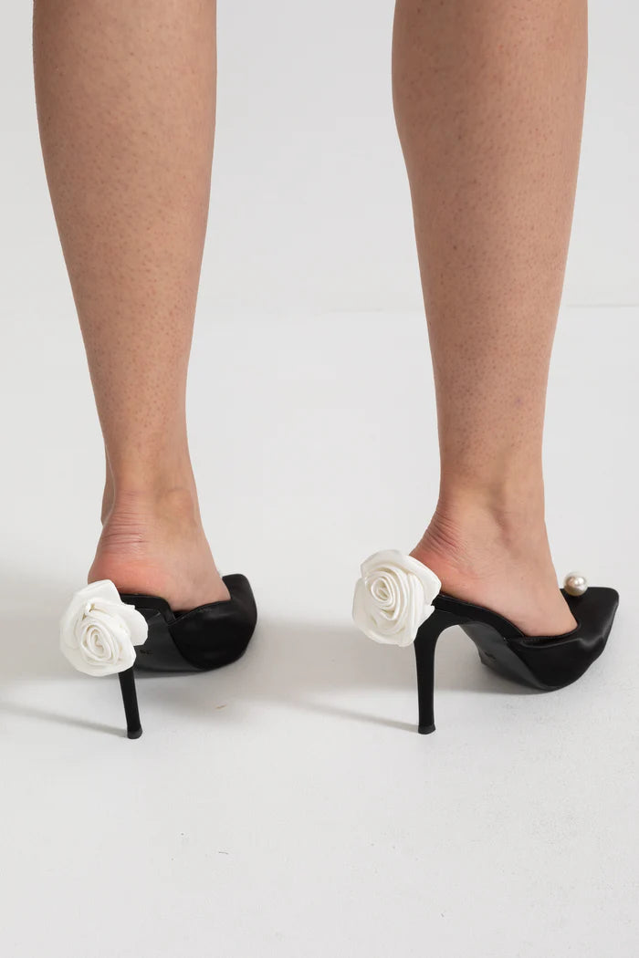 Satin Slingback Heels with Pearl and Organza Flower Detail - Black