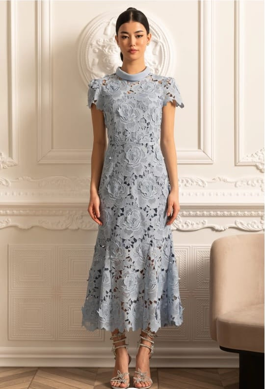 Blumenmuster Spitzenkleid mit hohem Kragen und Midi -Rock - Blau