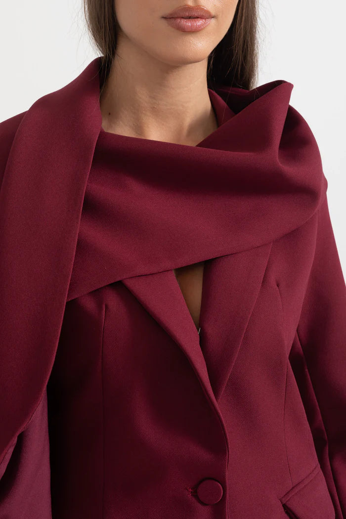 Modern Blazer With Asymmetrical Draped Scarf - Burgundy