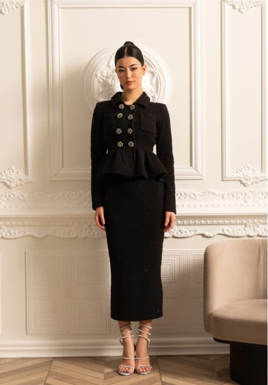 Knitted Textured Dress With Peplum Waist And Decorative Buttons - Black