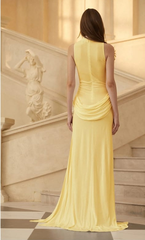 Mystérieuse Yellow Turtleneck Draped Maxi Dress