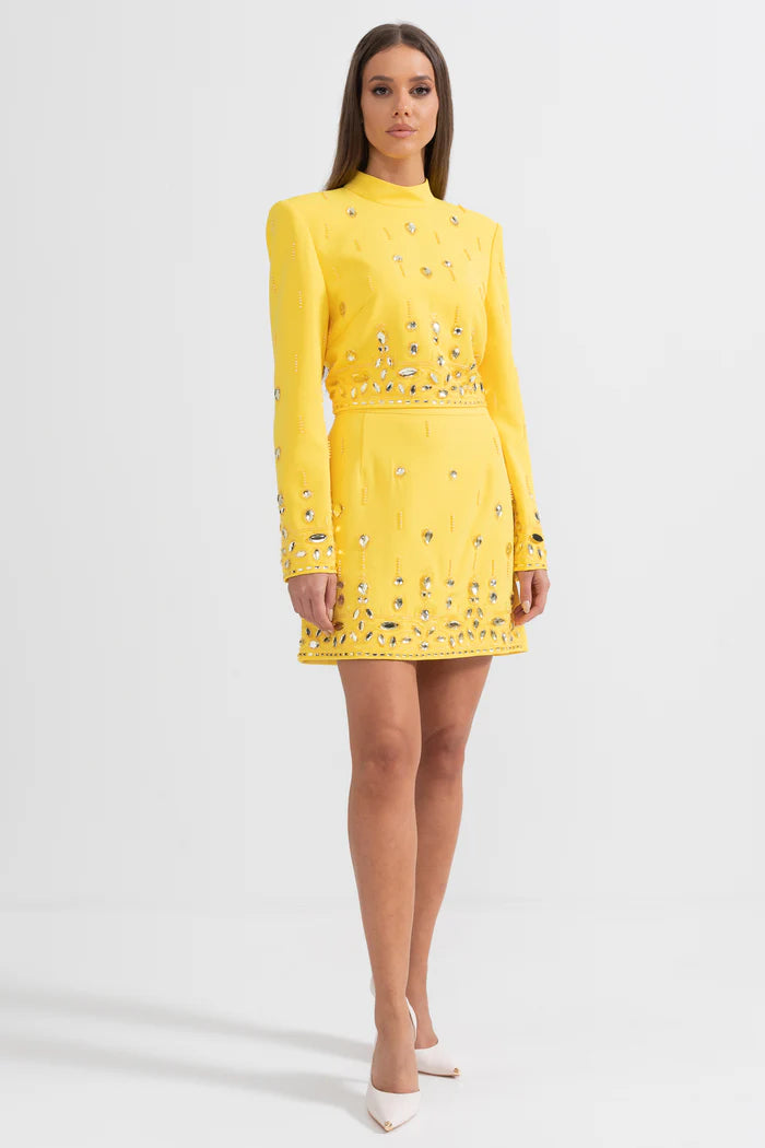 Diamond Embellished Co-Ord with Mini Skirt- Yellow