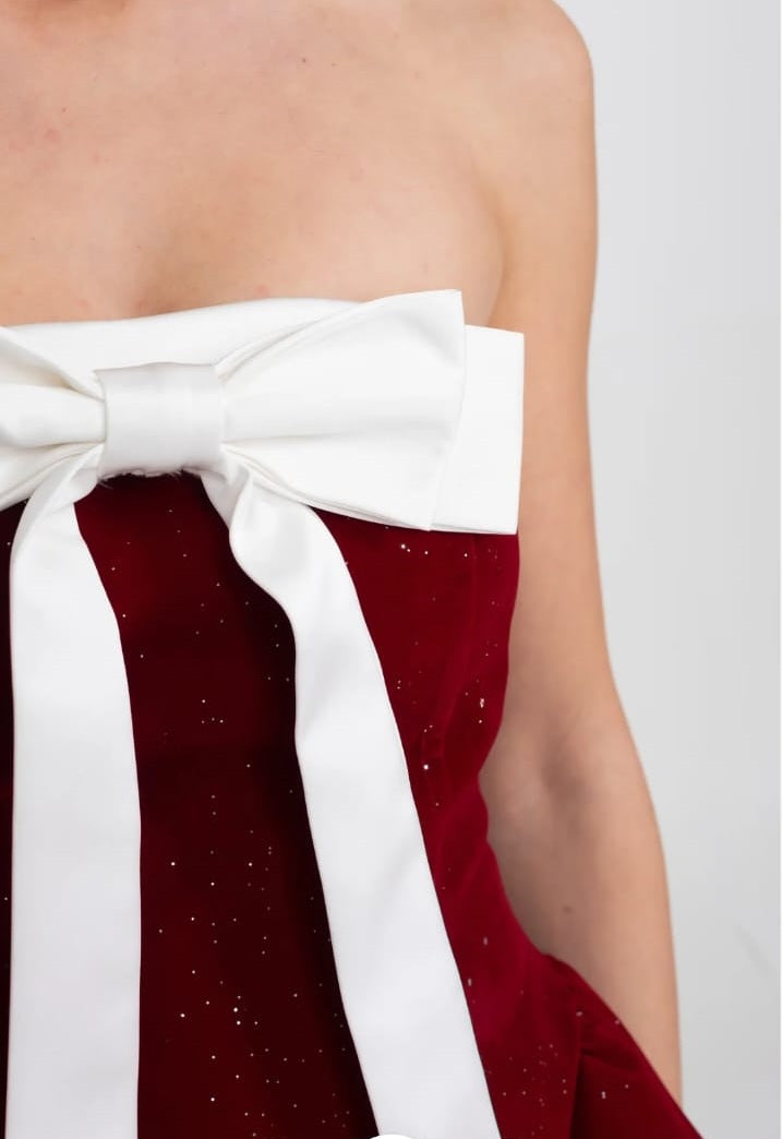 Strapless Velvet Mini Dress With Satin Bow And Ruffle Hem - Red