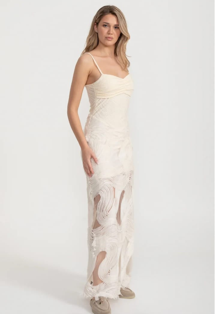 Sleeveless Evening Gown With Intricate Swirling Textures And Sheer Base Material - Ivoire