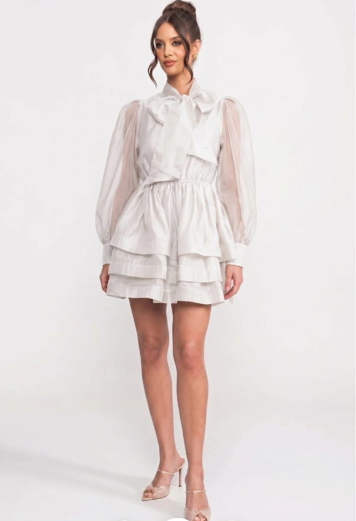 High Neck Puff Sleeve Mini Dress with Layered Ruffle Skirt and Bow - White