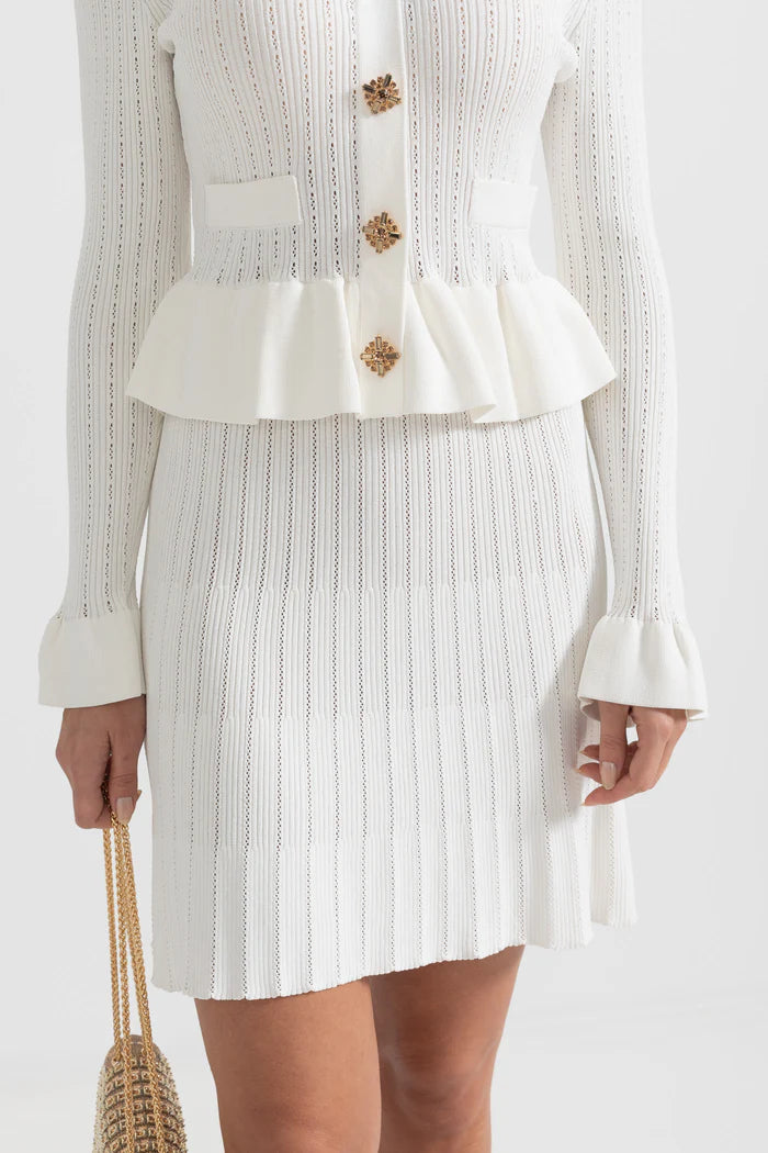 Long Sleeve Knitted Dress With Gold Buttons And Peplum Waist - White