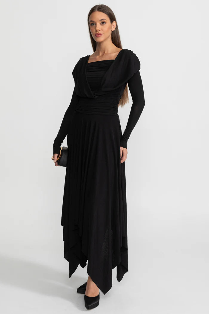 Draped Long-Sleeve Asymmetric Midi Dress – Black