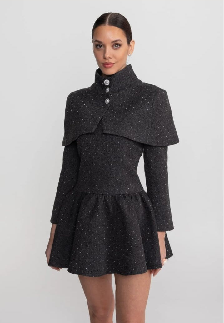 Long Sleeve Mini Dress With Detachable Cape Overlay - Charcoal
