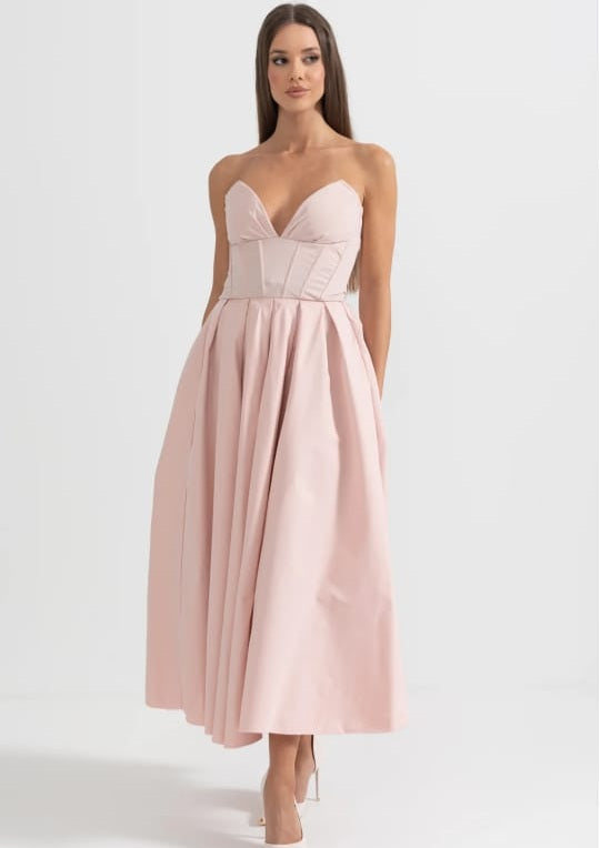 Sophisticated Strapless Midi Dress with Fitted Bodice - Peach